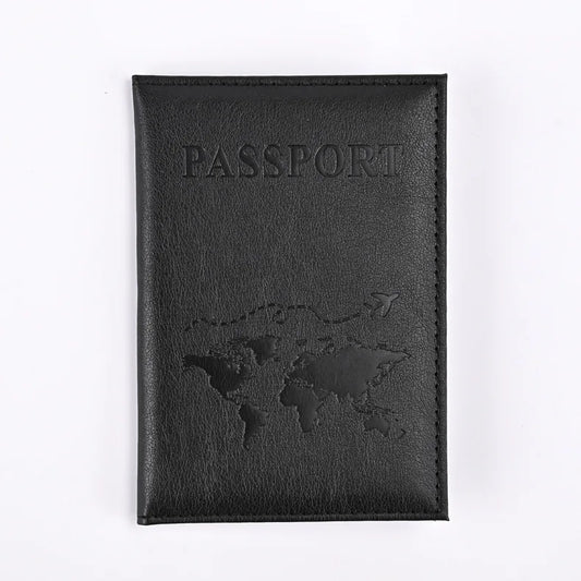 Black AeroVault premium passport holder with embossed world map and travel plane design